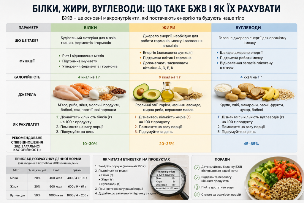 Інфографіка з порівняльною таблицею білків, жирів і вуглеводів — функції, калорійність, джерела та рекомендовані пропорції в раціоні