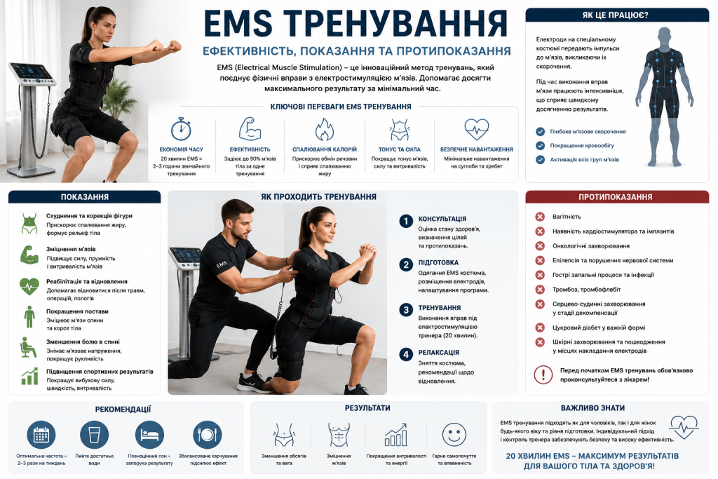 Інфографіка про EMS тренування з електростимуляцією м'язів — принцип дії, переваги, показання, протипоказання та етапи проведення сесії