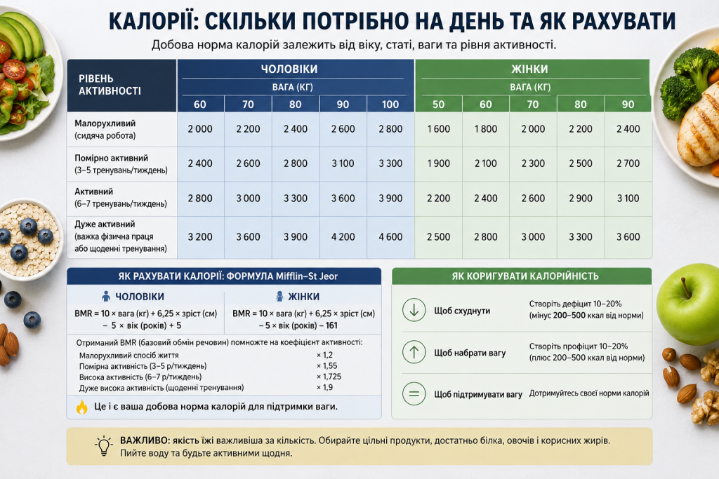 Інфографіка з таблицею добової норми калорій для чоловіків і жінок залежно від ваги та рівня активності, формула Mifflin-St Jeor