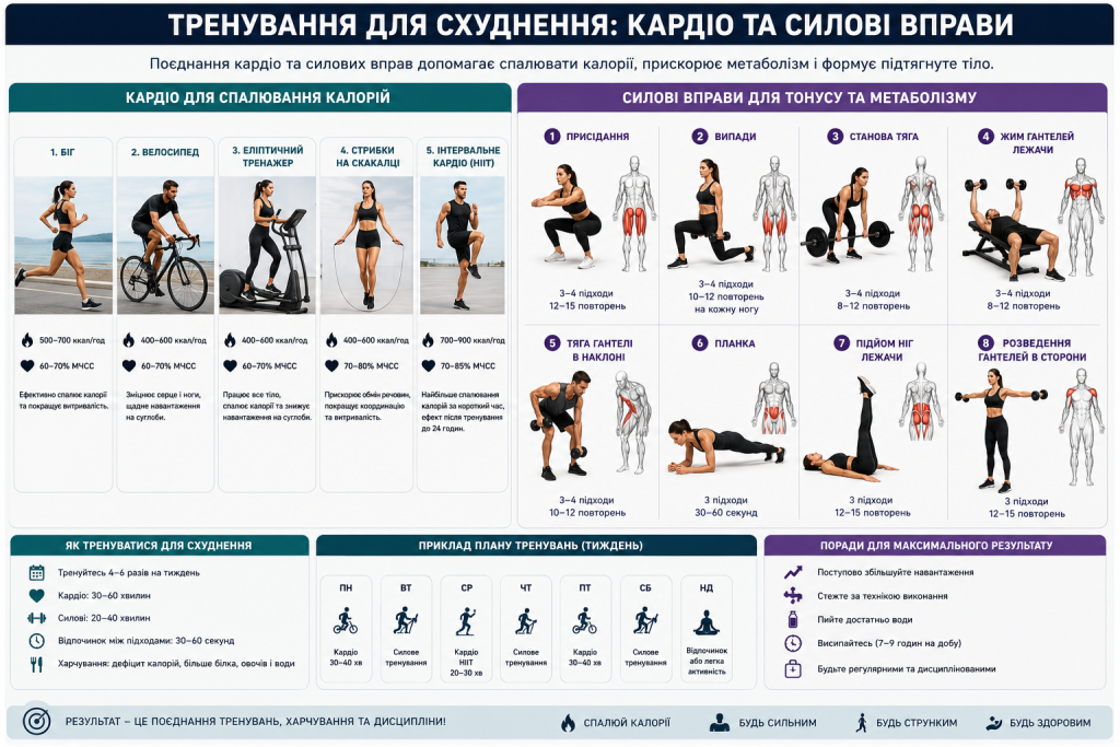 Інфографіка з планом тренувань для схуднення, що поєднує кардіо вправи для спалювання калорій та силові вправи для тонусу й метаболізму