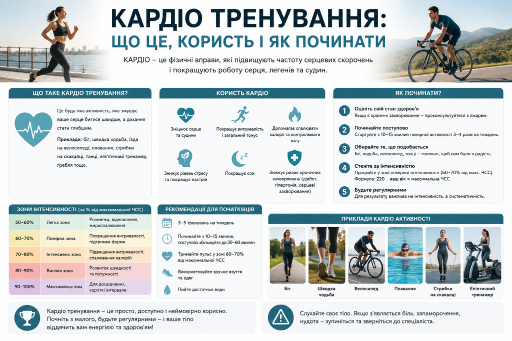 Інфографіка про кардіо тренування — визначення, зони інтенсивності, користь для здоров'я, рекомендації для початківців та приклади активностей