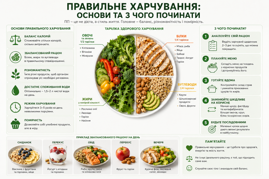 Інфографіка про принципи правильного харчування з тарілкою здорового харчування, прикладом денного раціону та покроковими порадами для початку
