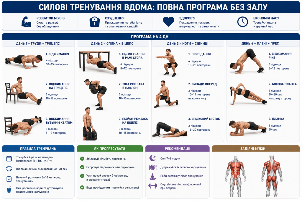 Інфографіка з програмою силових тренувань вдома без обладнання — вправи на груди, спину, ноги та плечі з кількістю підходів і повторень