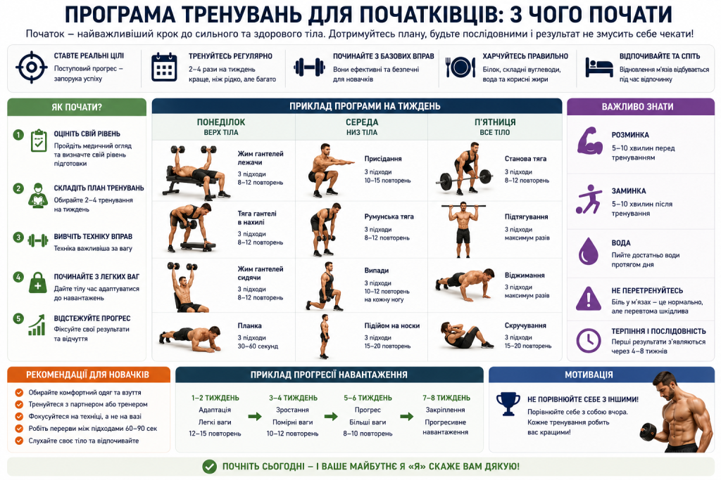 Інфографіка з покроковою програмою тренувань для новачків на тиждень, рекомендаціями та прогресією навантаження