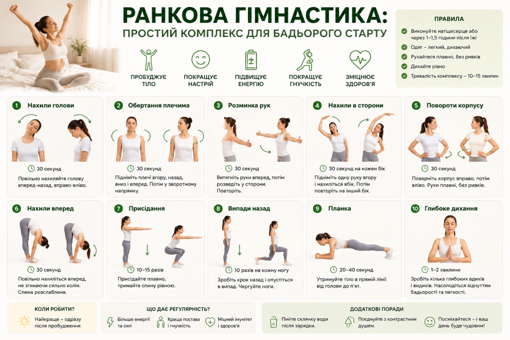 Інфографіка з комплексом із 10 вправ ранкової гімнастики — нахили, присідання, планка та дихальні вправи з ілюстраціями та часом виконання