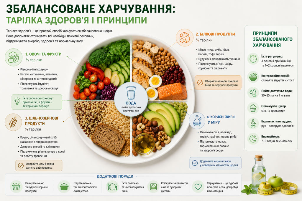Інфографіка: принципи збалансованого харчування за методом тарілки здоров'я — овочі та фрукти, білки, цільнозернові продукти, корисні жири та поради щодо режиму