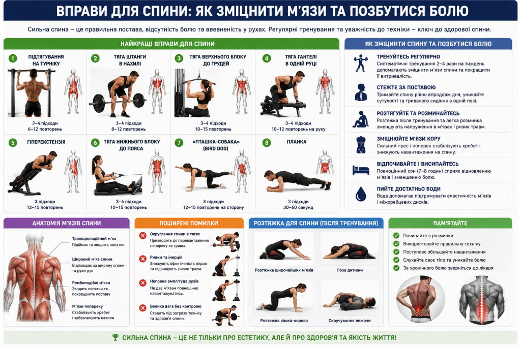 Інфографіка з найкращими вправами для спини, анатомією м'язів, поширеними помилками та комплексом розтяжки після тренування