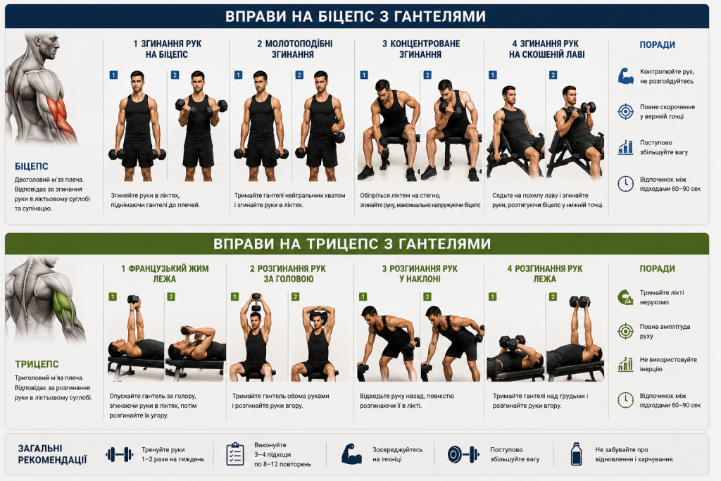 Інфографіка з вправами на біцепс та трицепс із гантелями, описом м'язів рук та порадами з техніки