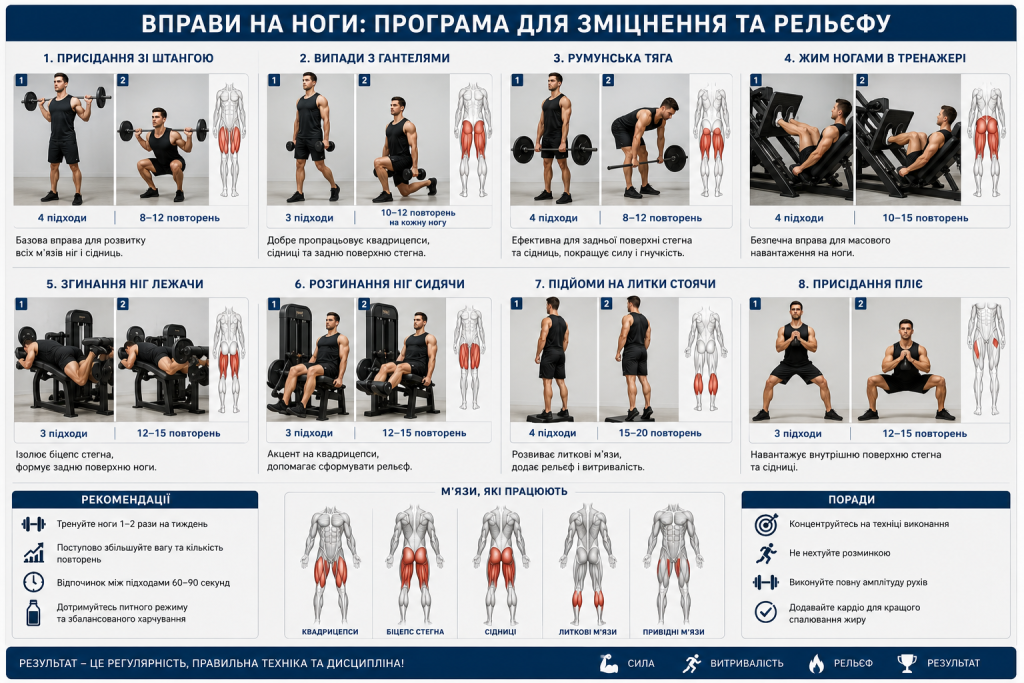 Інфографіка з програмою тренування ніг — присідання, випади, тяги та жими з кількістю підходів, повтореннями та задіяними м'язами