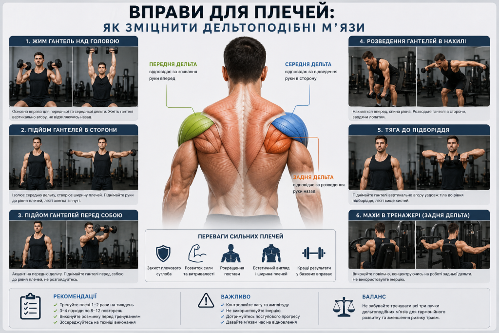 Інфографіка з 6 вправами для плечей із гантелями та схемою передньої, середньої й задньої дельти
