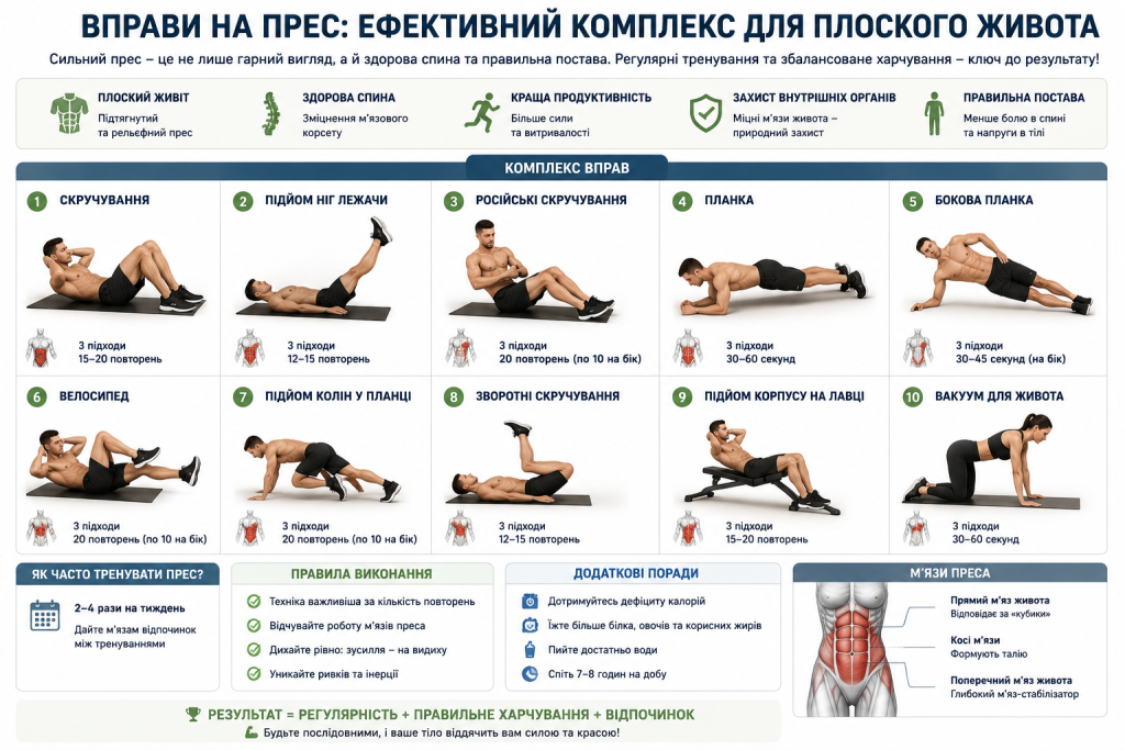 Інфографіка з комплексом із 10 вправ на прес для плоского живота, переваг тренування та схеми м'язів кора