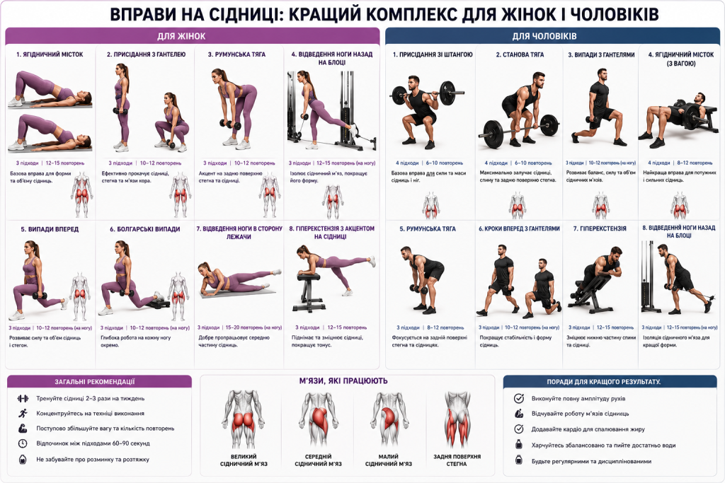 Інфографіка з окремими комплексами вправ на сідниці для жінок і чоловіків — ягідничний місток, присідання, випади та тяги з кількістю підходів