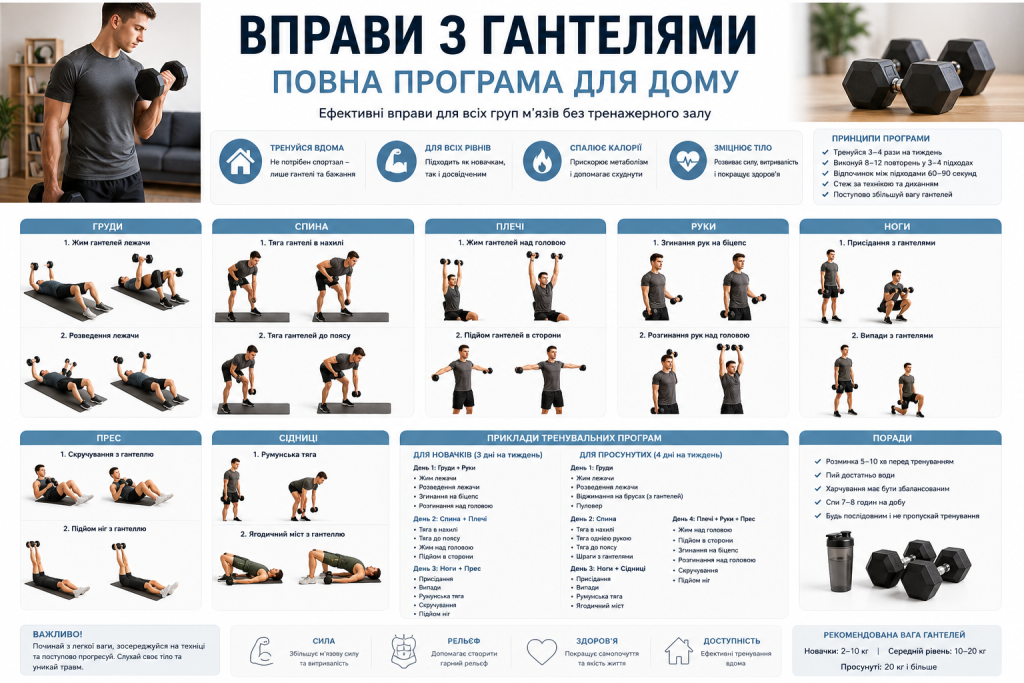 Інфографіка з програмою домашніх тренувань із гантелями — вправи для грудей, спини, плечей, рук, ніг і преса з планами для новачків і просунутих