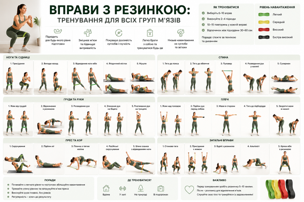 Інфографіка з добіркою вправ з фітнес-резинкою для ніг, спини, грудей, плечей і преса з ілюстраціями правильної техніки виконання