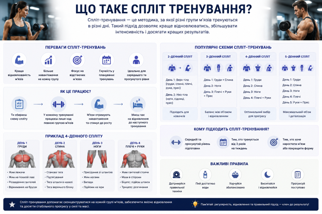 Інфографіка про методику спліт-тренувань — переваги, популярні схеми на 2, 3, 4 та 5 днів і приклад чотириденного спліту з вправами