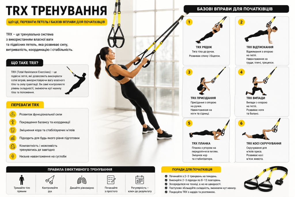 Інфографіка про TRX тренування з підвісними петлями — переваги, принцип роботи та шість базових вправ для початківців