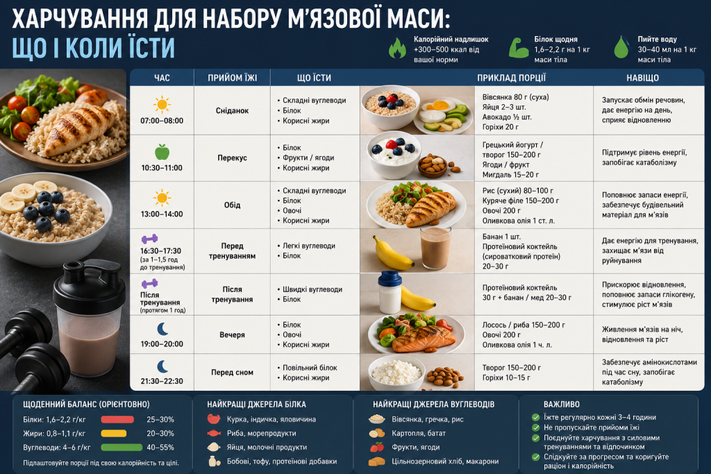 Інфографіка зі схемою харчування для набору м'язової маси, прикладами прийомів їжі, порцій і рекомендаціями для росту м'язів.