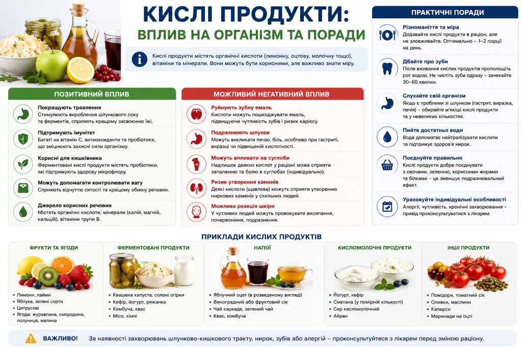 Інфографіка про користь, можливі ризики та приклади кислих продуктів
