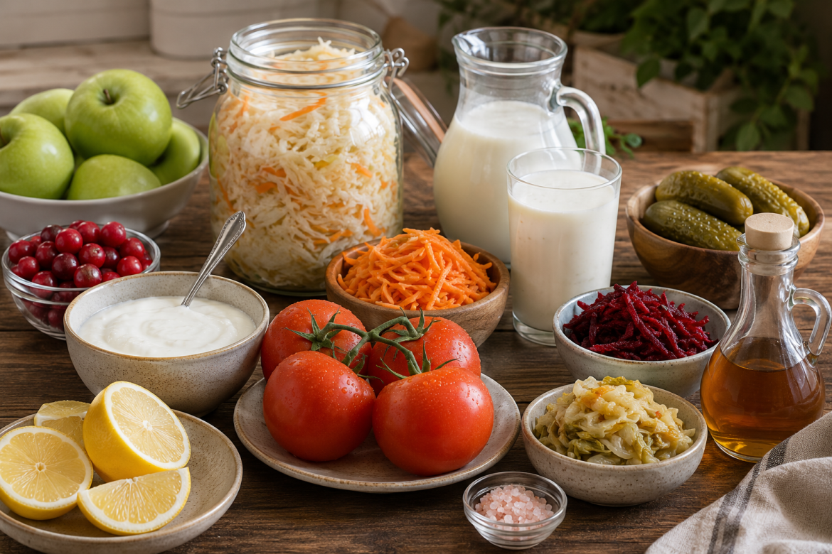 Різноманітні кислі та ферментовані продукти для здорового харчування