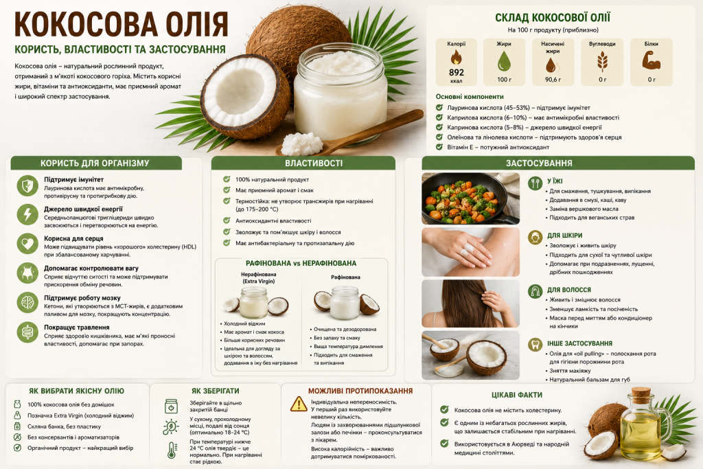 Інфографіка про властивості, склад і використання кокосової олії