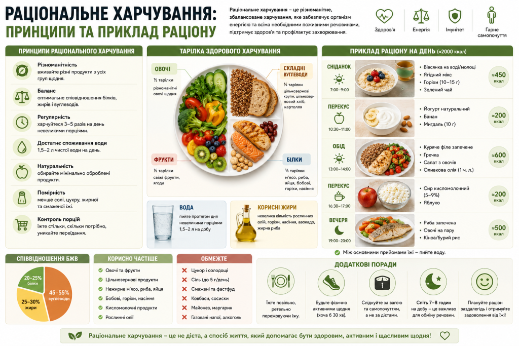 Інфографіка про принципи раціонального харчування, тарілку здорового харчування та приклад збалансованого меню на день.