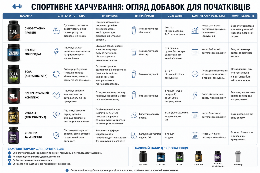 Інфографіка з переліком спортивних добавок для початківців: протеїн, креатин, BCAA, вітаміни та їх дозування