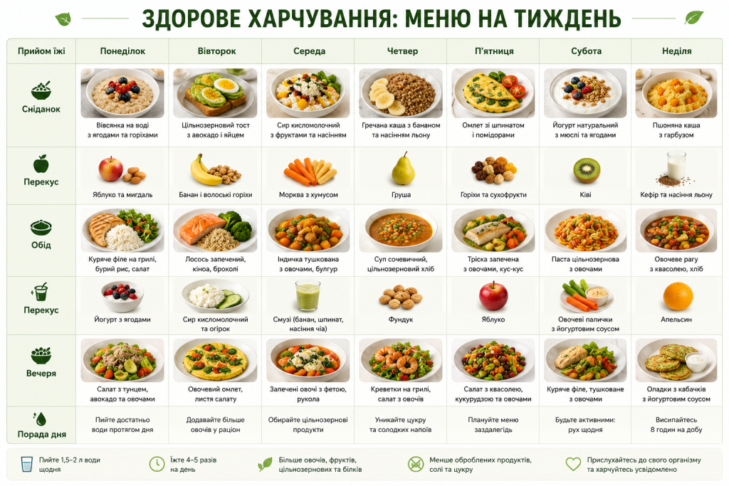 Інфографіка з детальним меню здорового харчування на кожен день тижня, включаючи сніданок, обід, вечерю та перекуси