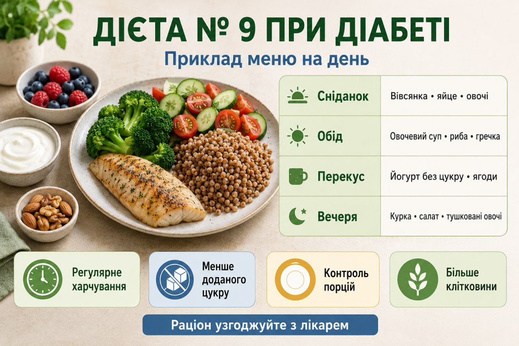Інфографіка з прикладом денного меню дієти №9 при діабеті та рекомендаціями щодо харчування