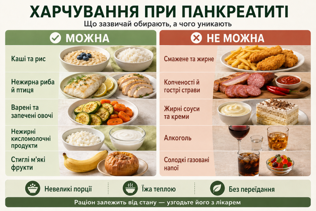 Інфографіка з дозволеними та небажаними продуктами при панкреатиті, включно з кашами, рибою, овочами та жирною їжею