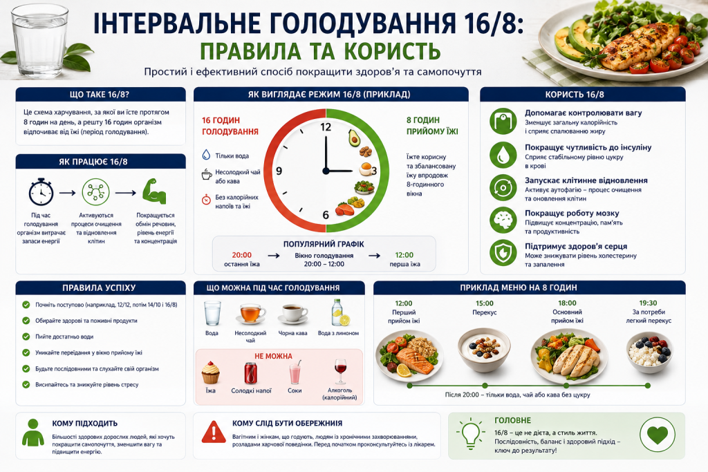 Інфографіка про режим інтервального голодування 16/8 з прикладом графіка прийому їжі, дозволених напоїв та меню.