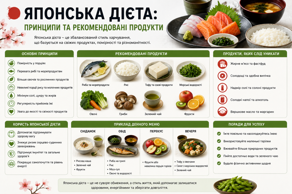 Інфографіка про принципи японської дієти, рекомендовані продукти, приклад денного меню, користь та поради щодо харчування.