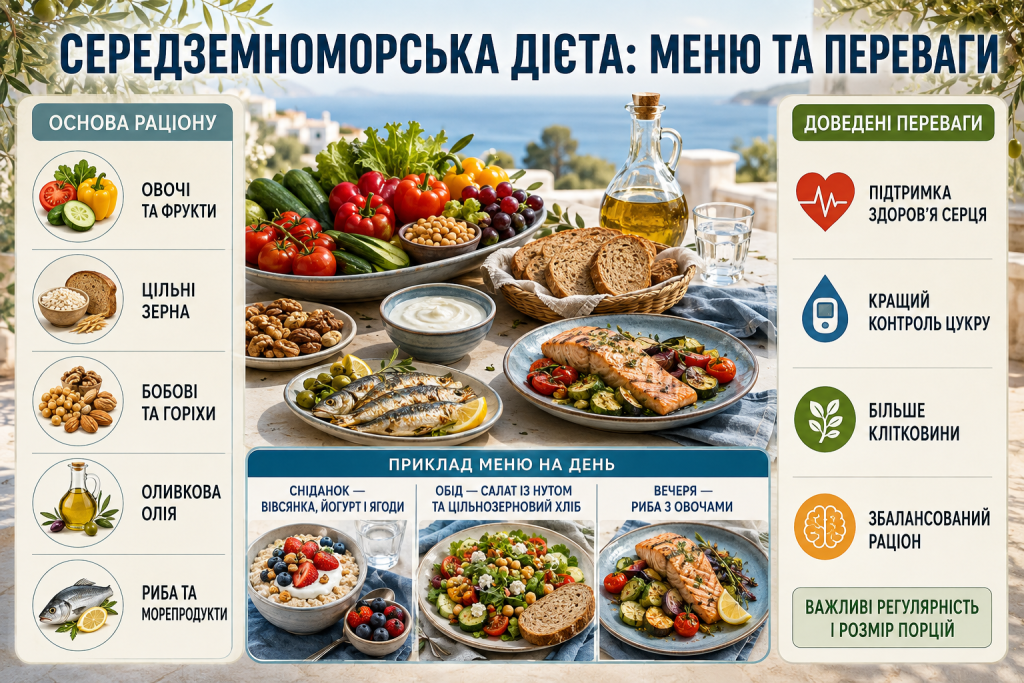 Інфографіка про середземноморську дієту з овочами, фруктами, цільними зернами, бобовими, горіхами, оливковою олією та рибою.