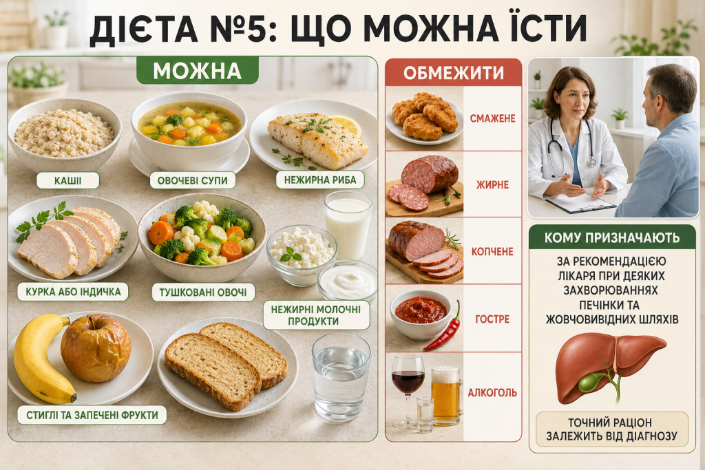 Інфографіка про дієту №5 з дозволеними продуктами, обмеженнями та рекомендаціями щодо харчування при захворюваннях печінки й жовчовивідних шляхів.