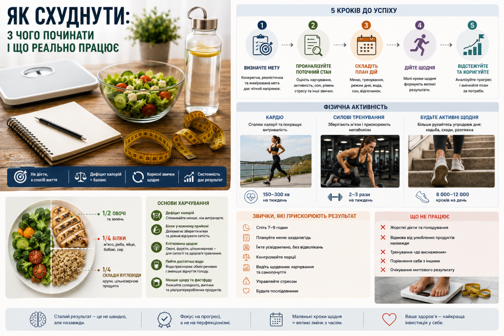 Інфографіка про ефективне схуднення з планом харчування, фізичною активністю, корисними звичками та контролем прогресу