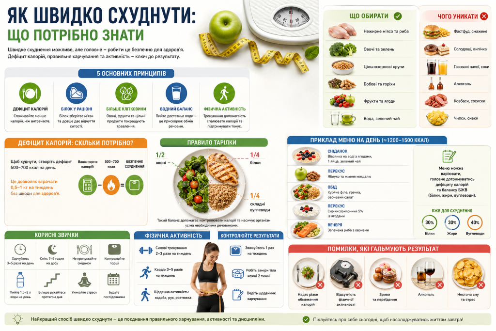 Інфографіка про безпечне схуднення, дефіцит калорій, правильне харчування, фізичну активність і корисні звички