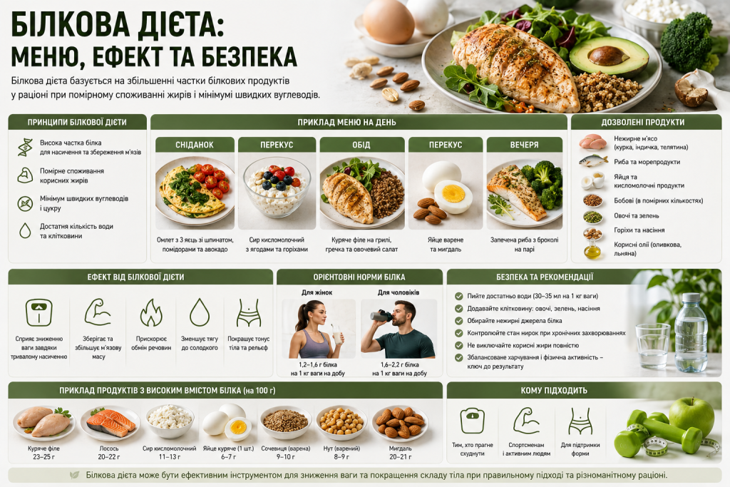 Інфографіка про білкову дієту, дозволені продукти, приклад меню, норми білка та рекомендації з харчування