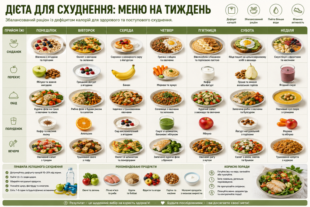 Інфографіка з тижневим меню для схуднення, прикладами сніданків, обідів, вечерь і корисних перекусів