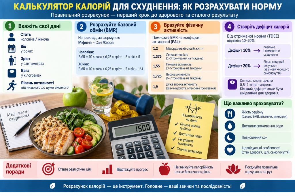 Інфографіка з формулами розрахунку базового обміну речовин, коефіцієнтами фізичної активності та рекомендаціями щодо дефіциту калорій для схуднення.