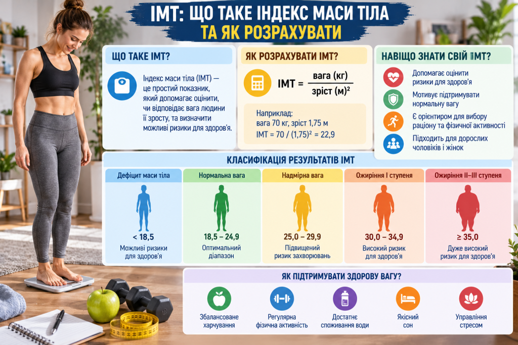Інфографіка про індекс маси тіла з формулою розрахунку ІМТ, класифікацією результатів і порадами щодо здорової ваги